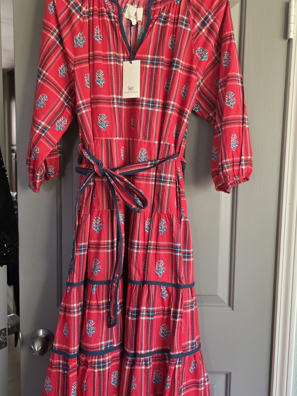 Printfresh Red Plaid Tiered Maxi Dress with Blue Floral Motif - Picture 4 of 5